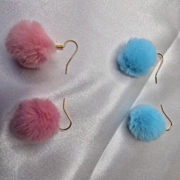 2 Pairs Pink and Blue Pom Pom Earrings - Picture 7 of 9